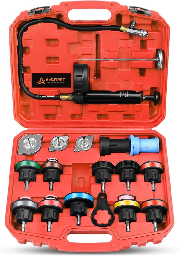 Radiator Pressure Tester Kit, 18PCS Automotive Water Tank Manual Pump Pressure Test Tool and Adapters Work on Cooling System Leak Down Detection for Cars Motorcycles Trucks Airlifts, Red