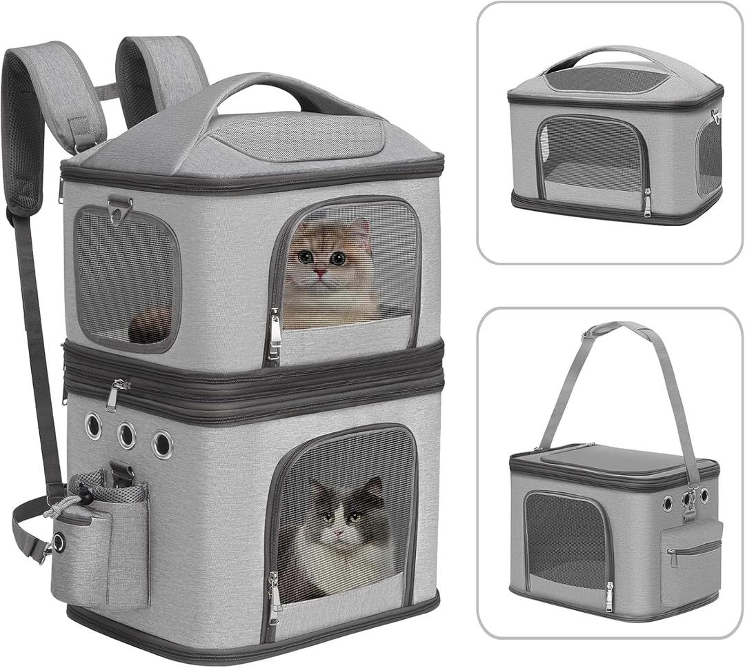 HOVONO Detachable Double Pet Carrier Backpack for Cats and Small Dogs, Cat Travel Carrier for 2 Cats(Up to 16 lbs Each), Perfect for Traveling/Hiking/Camping, Gray