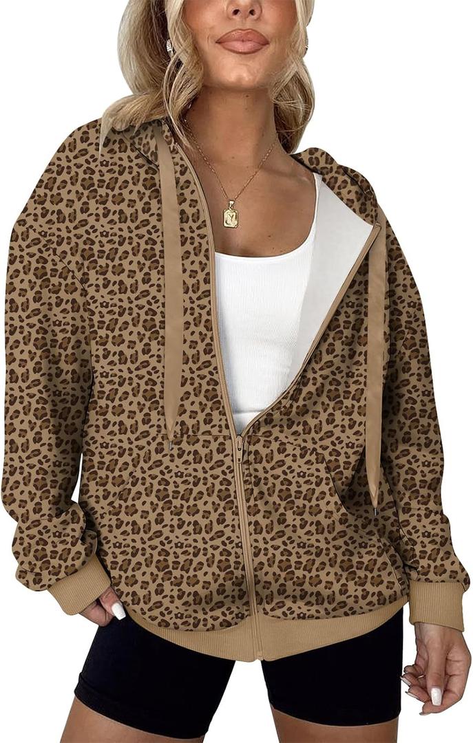 LYHIPSS Women's Oversized Lightweight Hoodies for Women Full Zip Up Long Sleeve Drawstring Jackets (Large, Leopard)