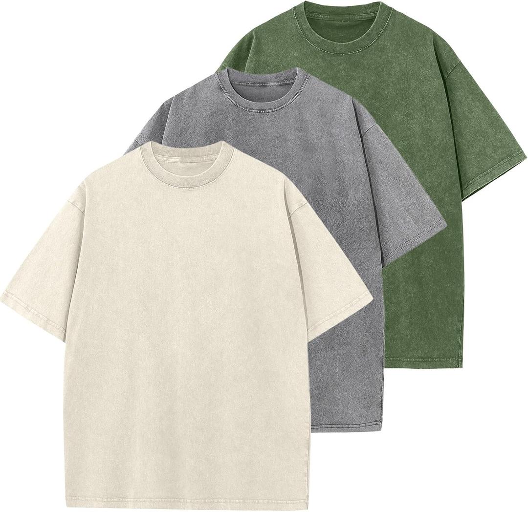 Men's Cotton T-Shirts Oversized Unisex Short Sleeves Casual Loose Wash Solid Basic Tee Tops (Large, Beige+armygreen+grey)