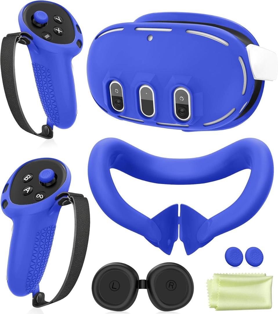 Silicone Cover Set Compatible with Meta Oculus/Quest 3, VR Accessories Protective Cover Includes Controller Grips, Front Shell Headset Cover and Face Cover, Not Fit Quest 3S (Blue)