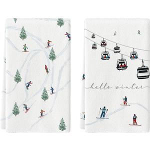 Artoid Mode Xmas Trees Ski Winter Kitchen Towels Dish Towels, 18x26 Inch Farmhouse Christmas Snow Decoration Hand Towels Set of 2