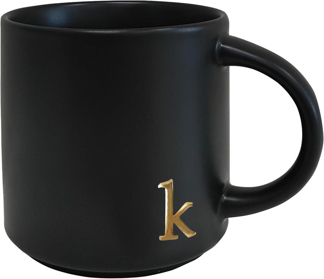 COLLECTIVE HOME - Black Monogram Ceramic Mugs, 15 oz Golden Initial Coffee Cups, Elegant Alphabet Tea Mugs, Personalized Halloween Mug with Gift Box, Perfect for Office and Home Dcor (k)