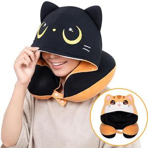 Certified to ASTM & CPSIA Standards–Kids Travel Neck Pillow with Hood,Memory Foam Airplane Pillow,Double-Sided, Cute Design, Cooling Ice Silk & Soft Plush, Adjustable, Portable & Washable for Flights