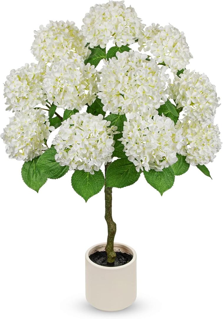 Hollyone Artificial Hydrangea Tree 3FT White Hydrangea Artificial Flowers Tree in Pot Fake Hydrangeas Plants & Flowers in Planter Greenery Potted Plant Indoor Outdoor Front Door Porch Home Decor