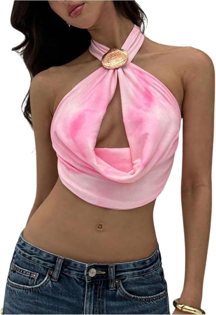 SOLY HUX Women's Backless Halter Crop Top Cowl Neck Tie Back Sexy Going Out Tops Vacation Outfits (Pink, XS)