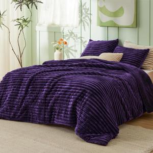Bedsure Fluffy Comforter Set King Size - Super Soft Faux Fur Bed Set Purple, Warm Plush Fleece Winter Bedding, 3 Pieces, 1 Shaggy Fuzzy All Seasons King Comforter with 2 Pillowcases