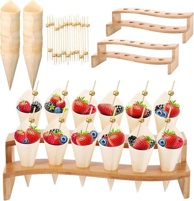 Queekay 100 Disposable Wood Cones for Food with 2 Pcs 12 Holes Charcuterie Cones Holder Stand Ice Cream Cone Display Stand 100 Fancy Toothpicks for Appetizers Catered Events Wedding Buffets Parties