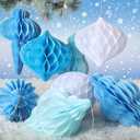 Watersay 10 Pcs Jumbo 10-14 Inch Christmas Honeycomb Paper Ornaments Hanging Xmas Honeycomb Balls Reusable Vintage Christmas Paper Lantern for Holiday Indoor Tree Party Decor (Blue Colors)