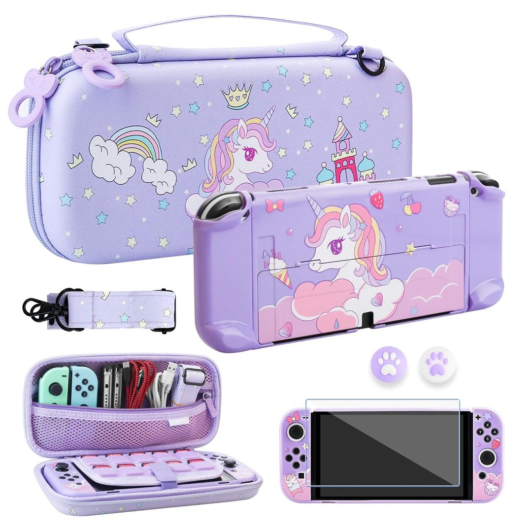 GLDRAM for Nintendo Switch OLED Travel Bag with 10 Card Slots, Anti-Fall Carrying Case with Unicorn Protective Hardshell Cover, Screen Protector, Adjustable Shoulder Strap & 2 Purple-White Thumb Caps