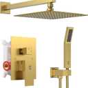 SR SUN RISE Shower Faucets Sets Complete Brushed Gold Square Rain Shower Head with Handheld Spray All Metal Shower Faucet Trim Repair Kits (Contain Shower Valve) (10 Inch)