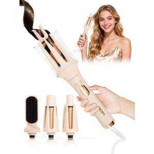 3-in-1 Automatic Curling Iron,Rotating Curler&Straightener Brush | 1"+1.25" Ceramic Barrel with Keratin & 500M Ions, 7 Temp Control, Dual Voltage Portable Styling Tool for Women Daily Hair