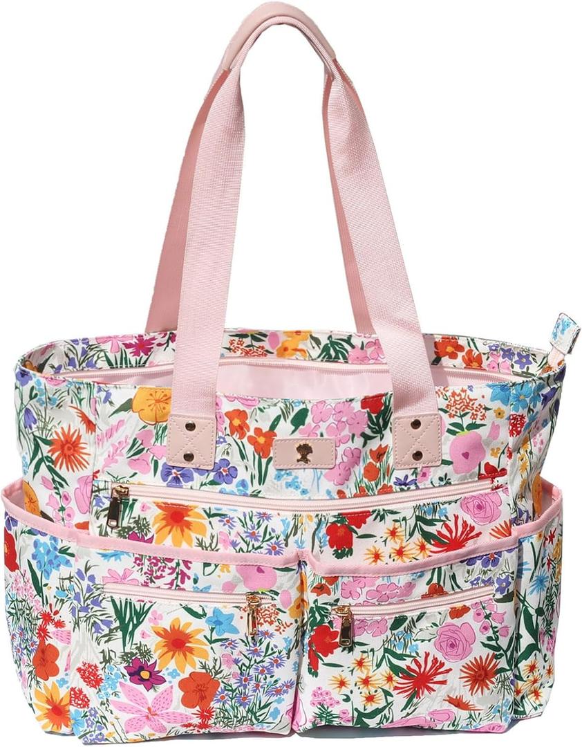Weekender Bag Carry On Bag Overnight Tote Travel Duffle with 13 Pockets for Travel,WorkGym,Beach,Teacher,Nurse (Pink flower)