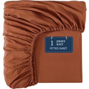 Jersey Fitted Sheet Twin - Superior Elasticity All Around Edges - Snug Fit Deep Pocket, Securely Fits Mattresses Upto 15" - Moisture Wicking & Breathable - Relaxed Everyday Comfort Bottom Sheet - Rust