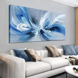 Blue White and Gray Abstract Canvas Wall Art for Living Room Framed Large Print Picture Painting Wall Decor for Bedroom Office Modern Home Abstract Wall Decorations Artwork Size 24x48 Ready to Hang