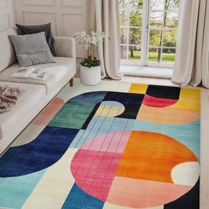 9x12 Colorful Area Rug Modern Abstract Orange Yellow Pink Blue White Beige Black Bedroom Rug Low Pile Thin Large Carpet Living Room Non Slip Dining Room Stain Resistant Office Washable Machine