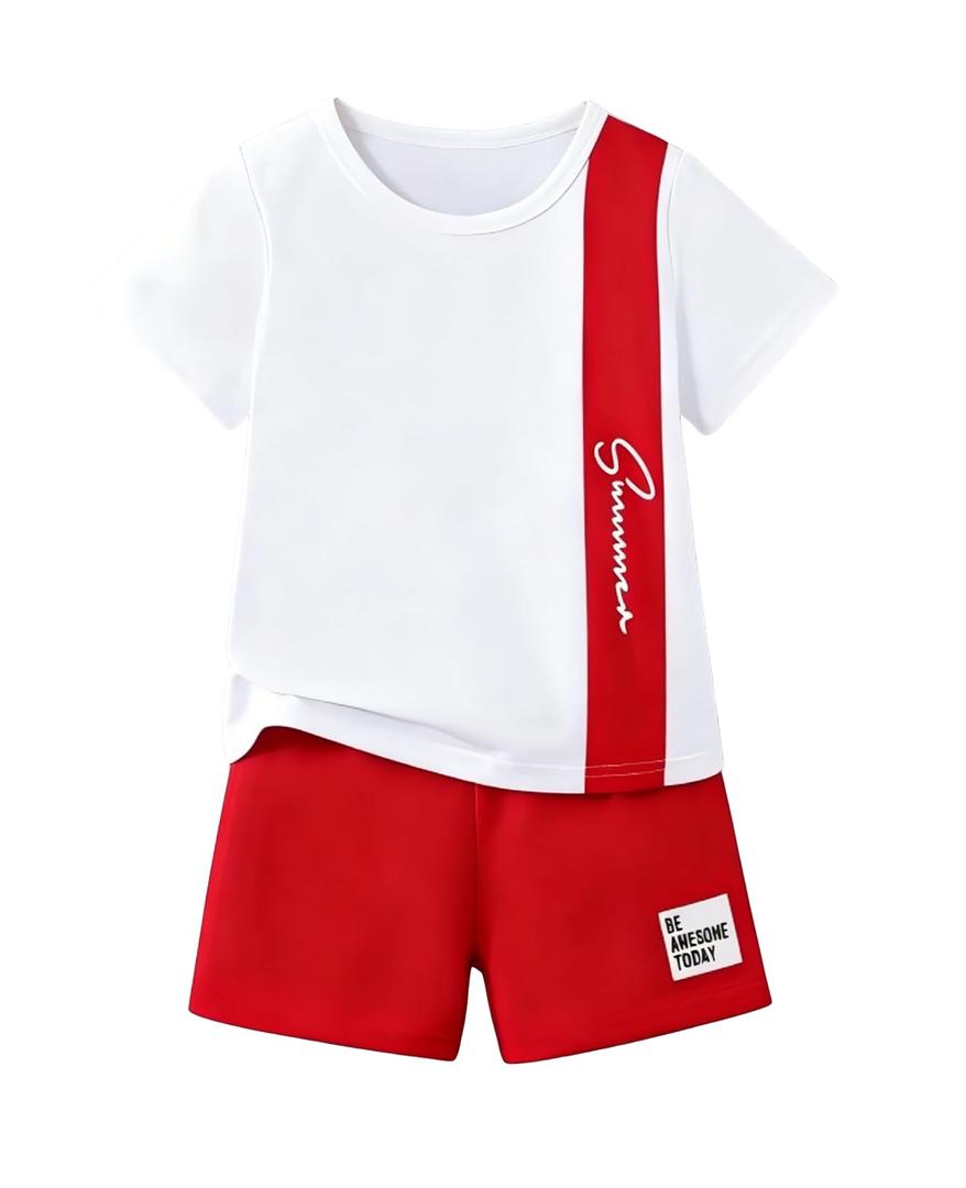 Ayzozuy Boys 2-Piece Summer Outfit Set - Side Color Block Stripe Short Sleeve T-Shirt Shorts Kid Clothes Casual Daily Wear(13-14t) (White)