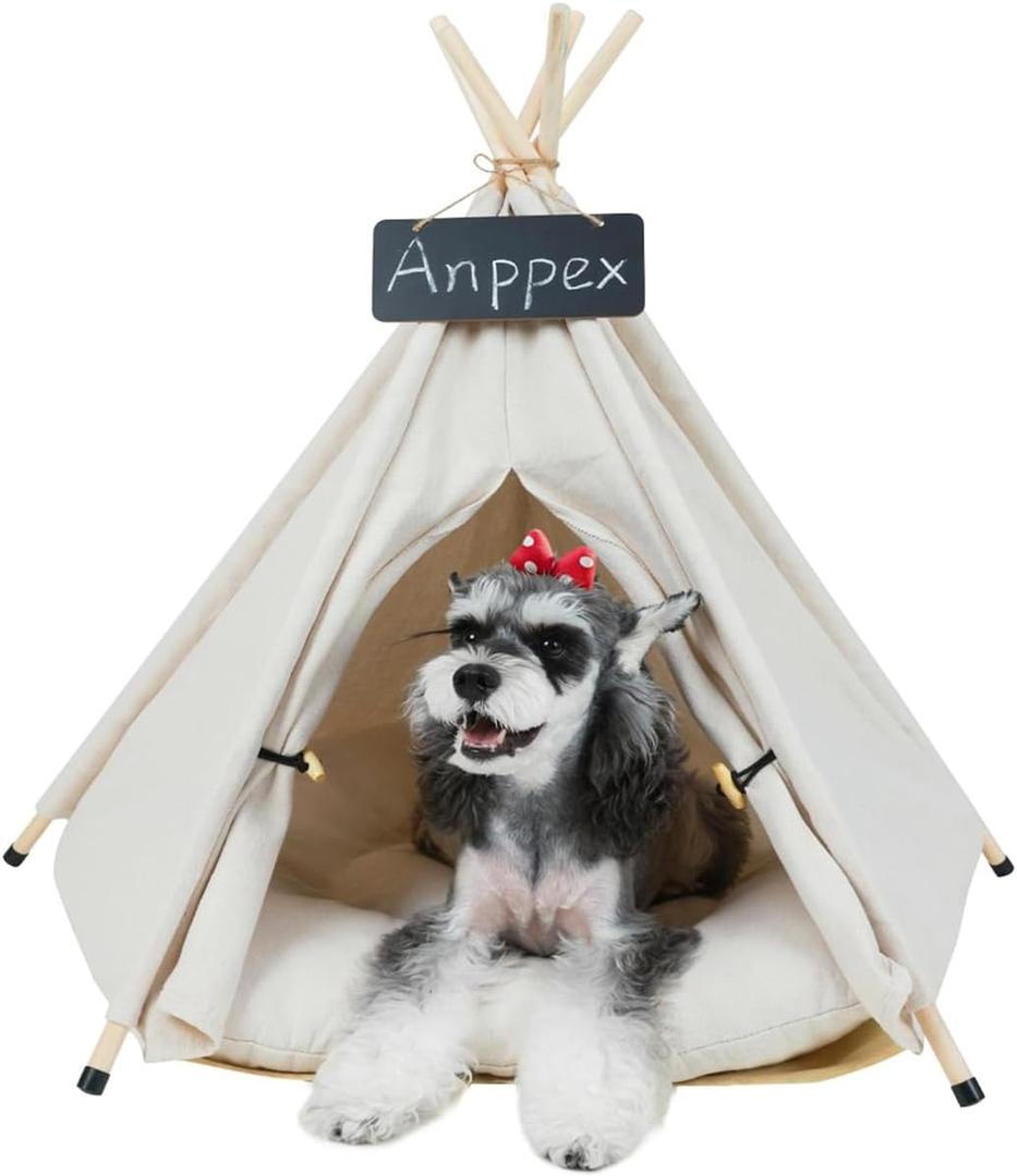 ANPPEX Small Dog Teepee Tent Indoor, Pet Teepee Tent for Small Dogs and Cats, Indoor Dog House with Thick Cushion, White, Size S