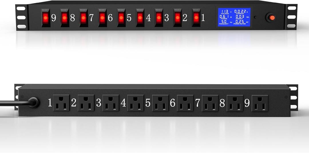 9 Outlet Rack Mount Power Strip with Individual Switches, PDU Surge Protector 15A 125V 1875W, 1U Server Rack Power Distribution Unit with Overload Protection and Power Monitoring, 6.5FT Cord