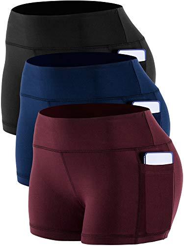 CADMUS Women's Workout Yoga Running Compression Exercise Booty Shorts with One Side Pockets,3 Pack,09,Black,Navy Blue,Wine Red,Medium