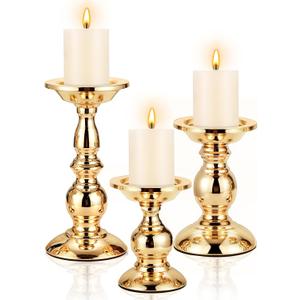 3 Sets Gold Pillar Candle Holders Metal Candle Holders for Pillar Candles, LED Flameless Candles 5.31, 6.50, 8.46 Inch Tall for Table Centerpiece, Fireplace Decor