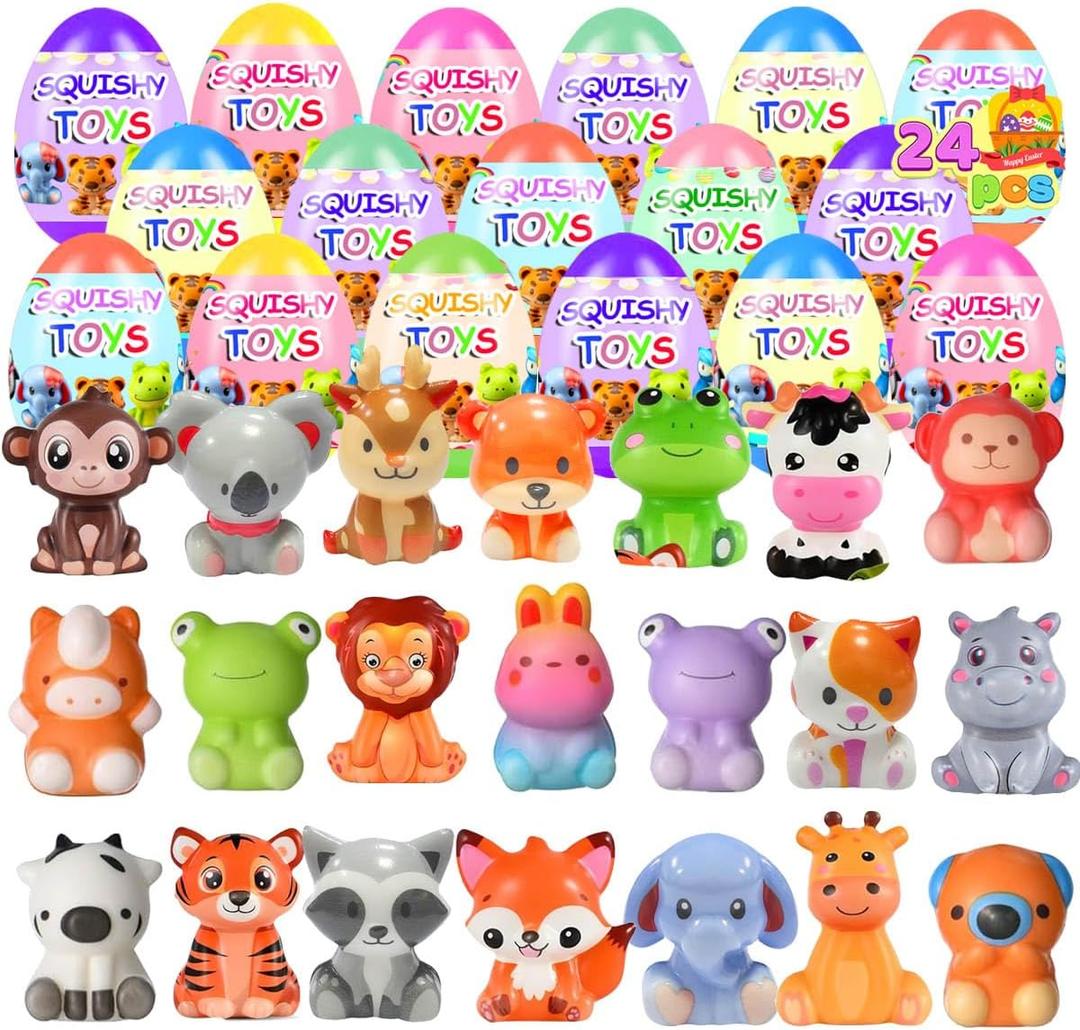24 Pack Prefilled Easter Eggs with Animal Squishy Toys Slow Squeeze Toys for Kids Girls Boys Easter Basket Stuffers Party Favors Gifts Easter Egg Fillers