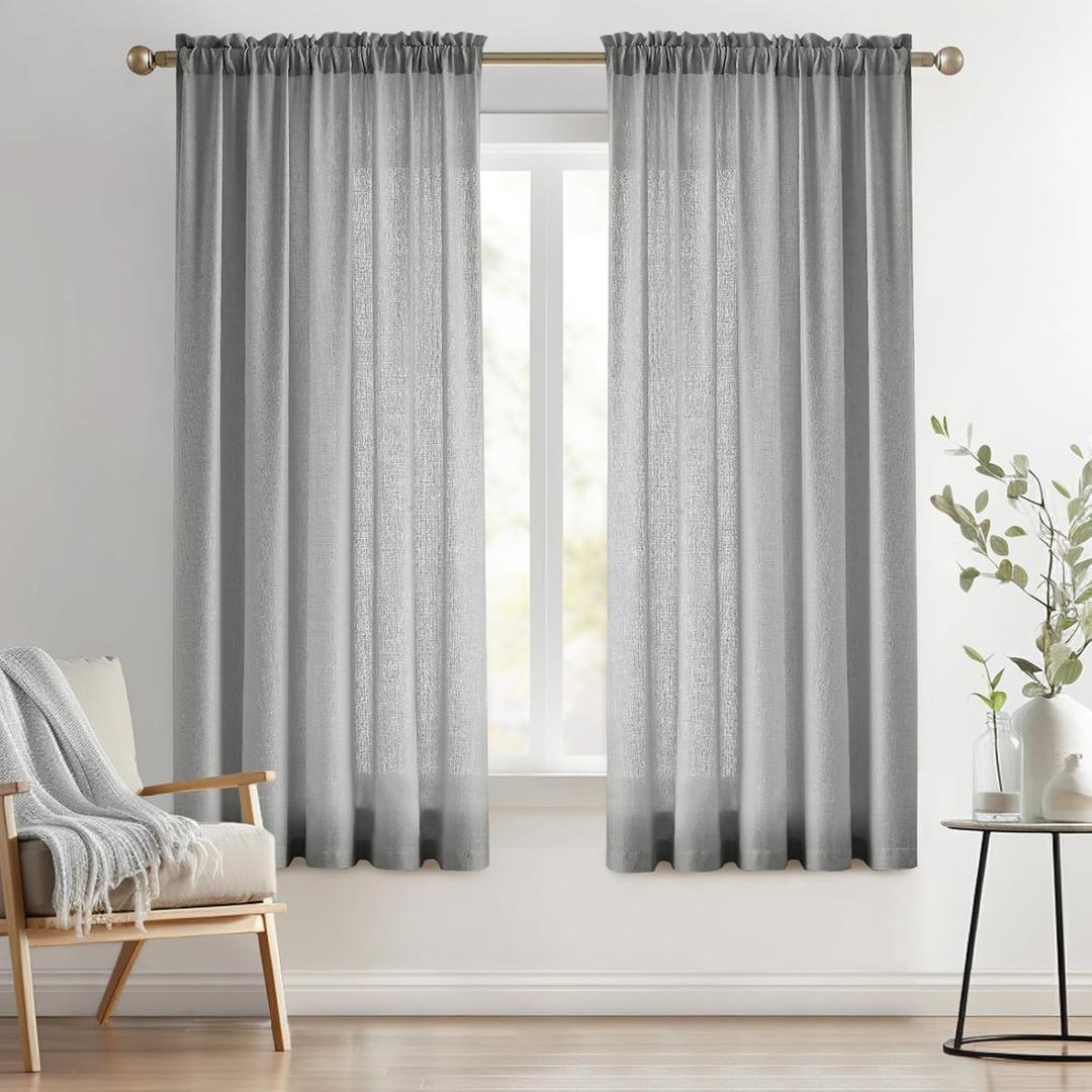 Melodieux Grey Semi Sheer Curtains 45 Inch Length, Small Window Sheer Curtains, Bedroom Kitchen Linen Look Farmhouse Light Filtering Shiny Sheer Drapes Rod Pocket, 52" W x 45" L, 2 Panels