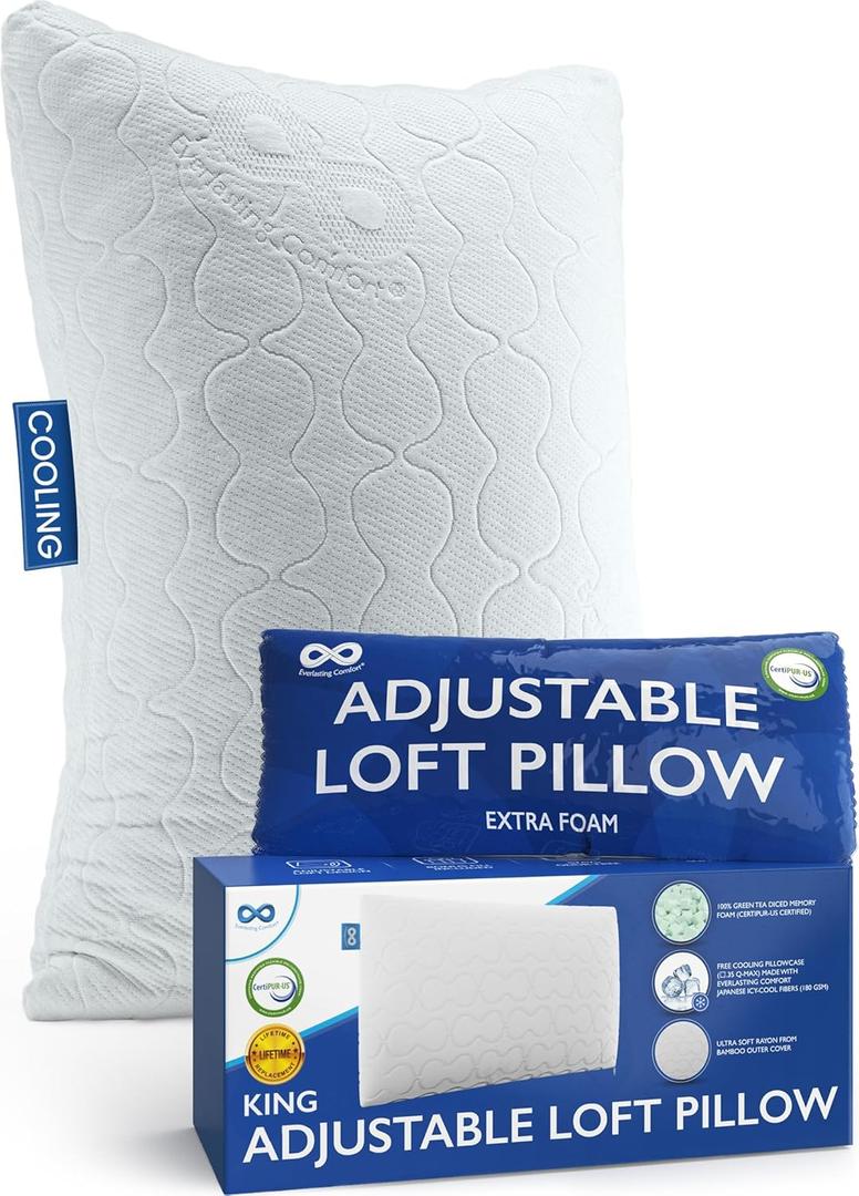Everlasting Comfort Shredded Memory Foam Pillows with Adjustable Loft - 2X Better Cooling - Japanese Cooling Fiber Pillow Case - Hypoallergenic Pillows for Side Sleepers (King) (King (Pack of 1))