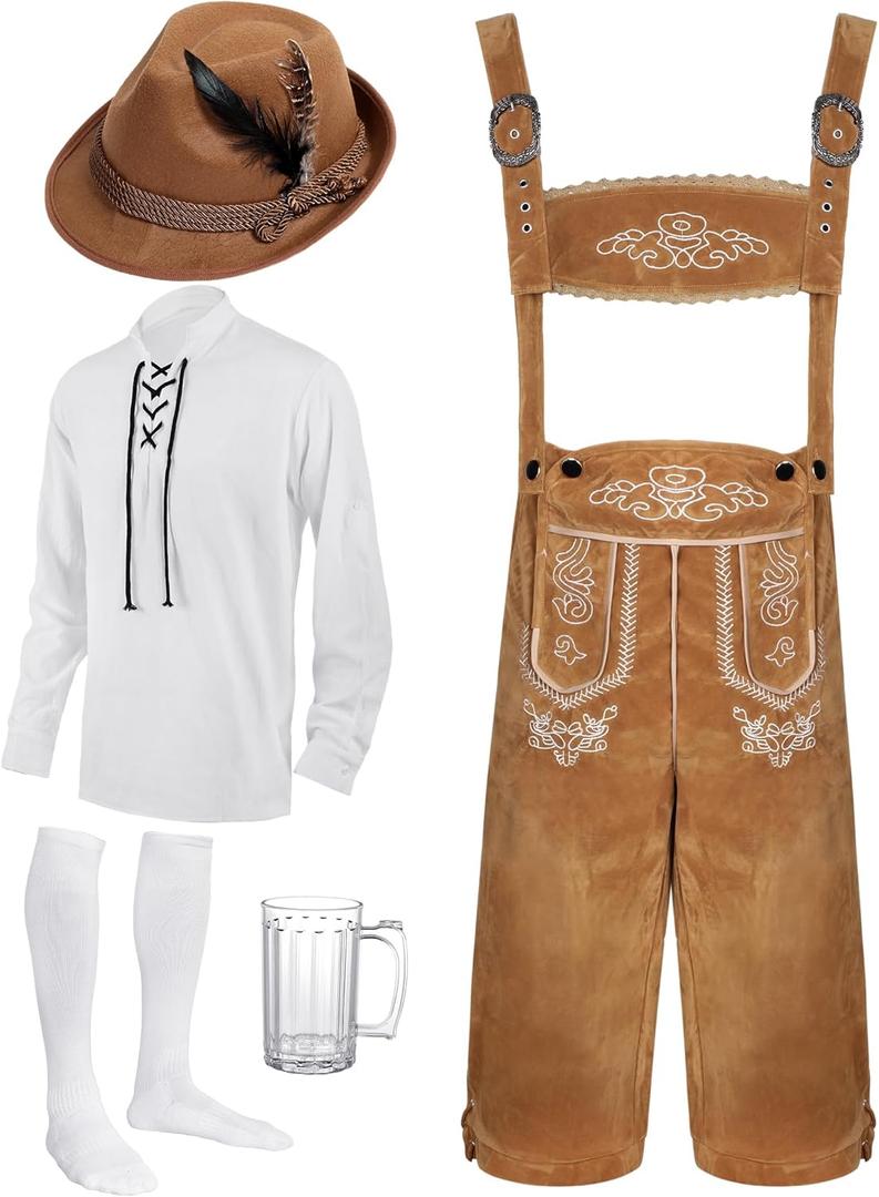 Toulite 6 Pcs German Oktoberfest Costume Set for Men Lederhosen Suspender Shirt Hat Socks Beer Stein for Festival (X-Large, Camel)