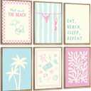 BSXQCHZD 6Pcs Pink Blue Beach Preppy Wall Art Coastal Granddaughter Aesthetic Picture Print Trendy Beach Poster Artwork for Bathroom Bedroom, Tropical Home Decoration 12x16 Inch Unframed