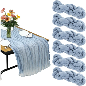 6PCS Cheesecloth Table Runner 9.8FT Boho Cheese Cloth Runners for Wedding Bridal Shower Thanksgiving Party Christmas Table Decoration (Gray Blue)