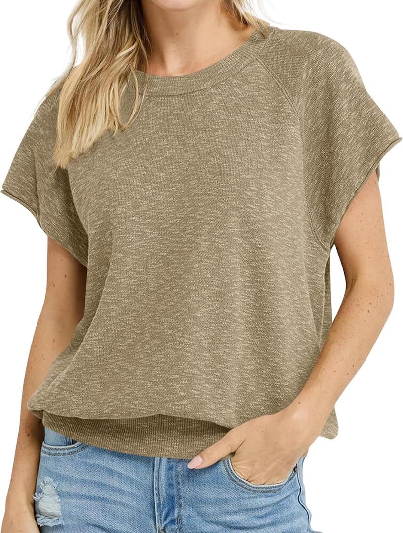 Saodimallsu Womens Short Sleeve Crewneck Sweater Summer Tops Casual Loose Knit Lightweight Basic Pullover Shirts (Small, Khaki)