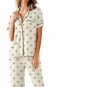 Women Pajamas Set Notch Collar Soft Sleepwear PJs Short Sleeve Button Down Nightwear with Long Pants S
