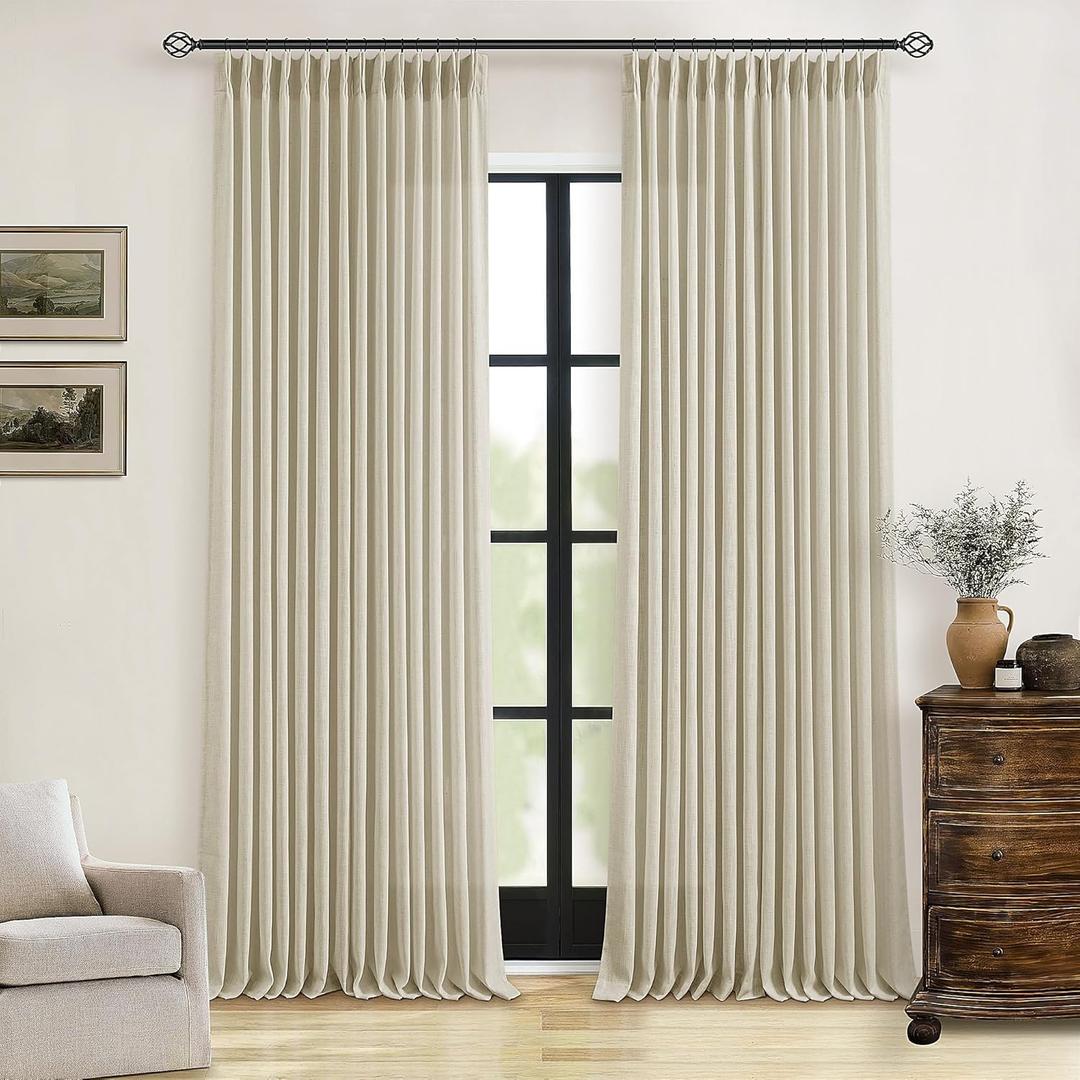 TWODRAPES 90 Inch Linen Pinch Pleated Curtains 2 Panels for Living Room Bedroom Memory Training Shaped Semi Sheer Beige Light Tan Pinch Pleat Drapes Hooks Rings Light Filtering Window Curtain 40x90