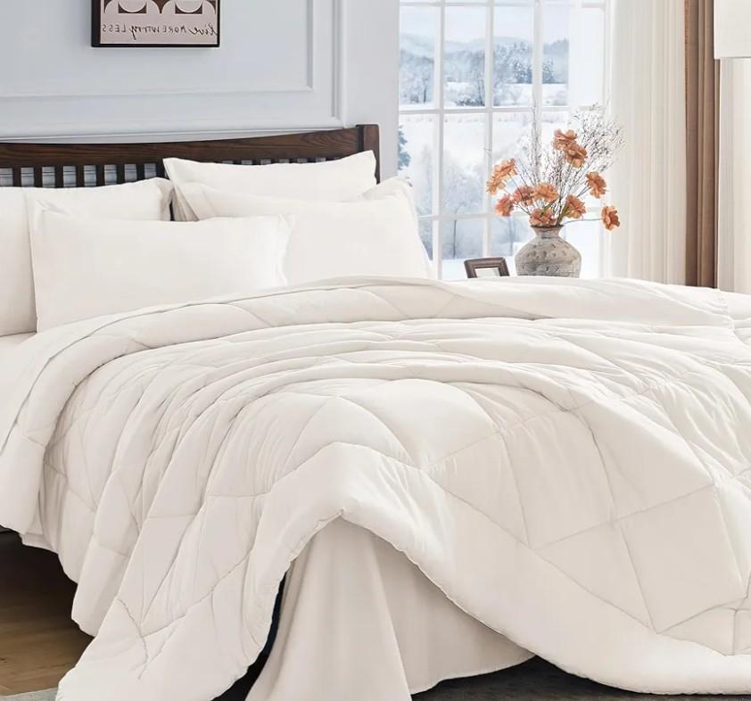 HEVUMYI Ivory Queen Comforter Set - 7-Piece All Season Bed in a Bag Queen, Ultra Soft Bedding Set with Comforter, Flat Sheet, Fitted Sheet, Pillowcases, Pillow Shams