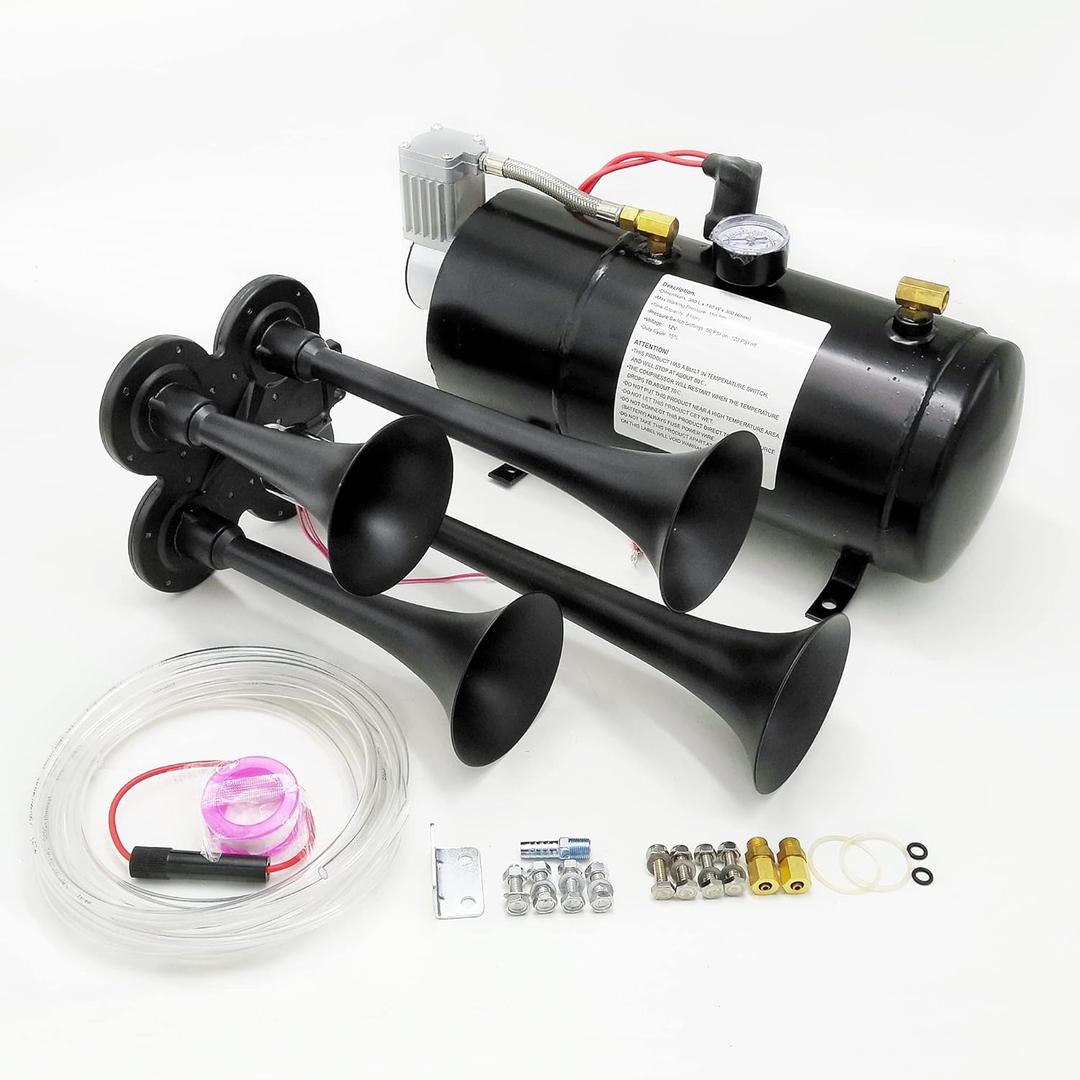 JDMSPEED New 4-Trumpet Train Air Horn 150dB+ Air System Kit 150 psi Replacement For Truck Car Metal 12V