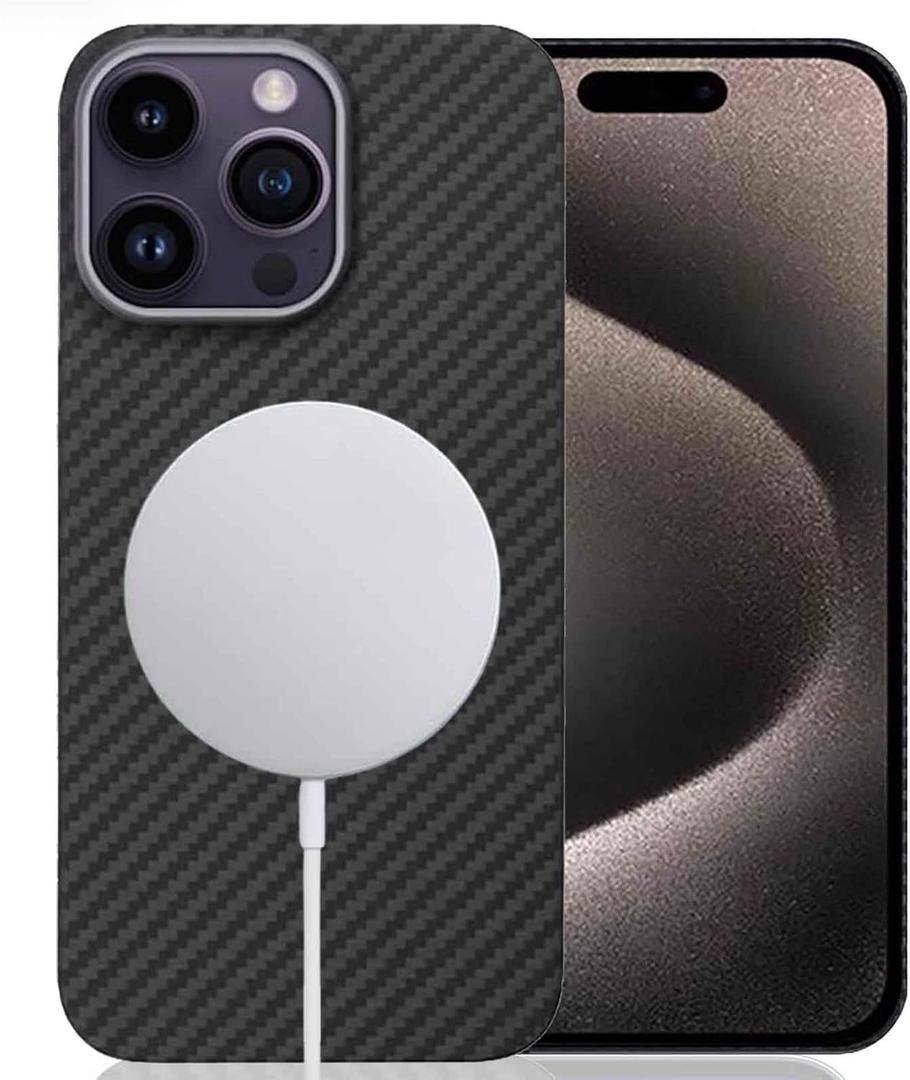 Aramid Fiber Case for iPhone 15 Pro Max with Carbon Fiber Texture (Compatible for MagSafe), Super Slim Light Protective Cover Skin, Soft Touch Sturdy Durable Snap-on Back Cover (Black Built-in Magnet)