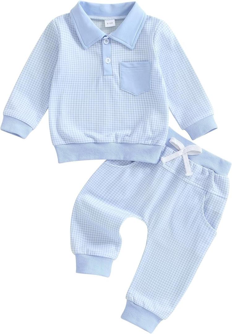 FOCUSNORM Toddler Baby Boy Clothes Plaid Long Sleeve Sweatshirt Pullover Tops + Joggers Pants Infant Boy Fall Winter Outfits (12-18 Months, Cute Blue)