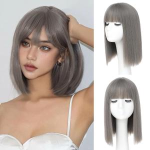 Grey Bob Wig With Bangs - Heat Resistant 14Inch Synthetic Hair, Short Straight Shoulder Length Natural-Looking Cosplay Wig for Daily Use, Parties & Women Girls