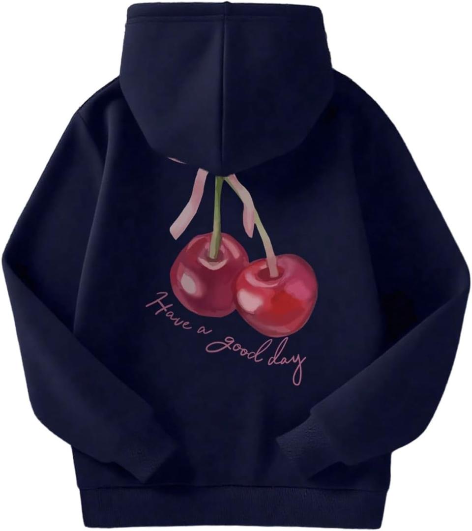 SweatyRocks Girl's Cherry Print Long Sleeve Hoodies Y2k Drop Shoulder Loose Pullover Tops (Blue)