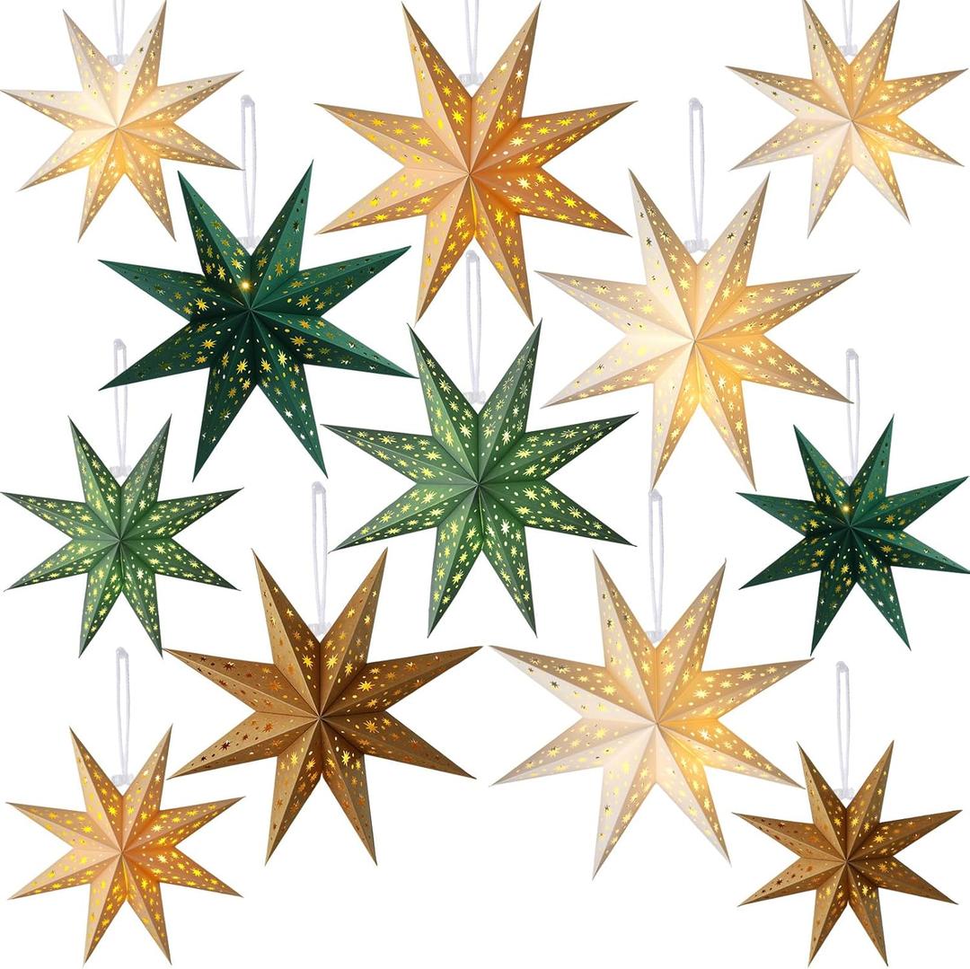 12 Pcs Christmas Paper Star Lantern 7/8/9 Points Sage Green Hanging Ornament 3D Neutral Star Lantern with String Light 12 and 17.72 Inch Hollow Lampshade for Xmas Party Decor(8 Pointed)