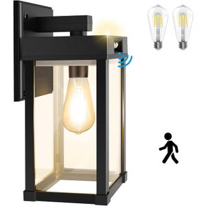Solar Wall Lights Outdoor with 3 Lighting Modes & Motion Sensor, Solar Porch Light with 2 Bulbs, Waterproof Outdoor Wall Sconce Lantern Light Fixture for Garage Porch Shed Barn Garden Yard Front Door (Black (1 Pack))