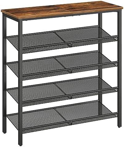HOOBRO Shoe Rack for Entryway, 5-Tier Shoe Organizer with Adjustable Mesh Shelves, 16-20 Pairs of Shoes, Spacious Floor Mount, Metal, Industrial, Shoe Shelf for Closet, Rustic Brown BF12XJ01
