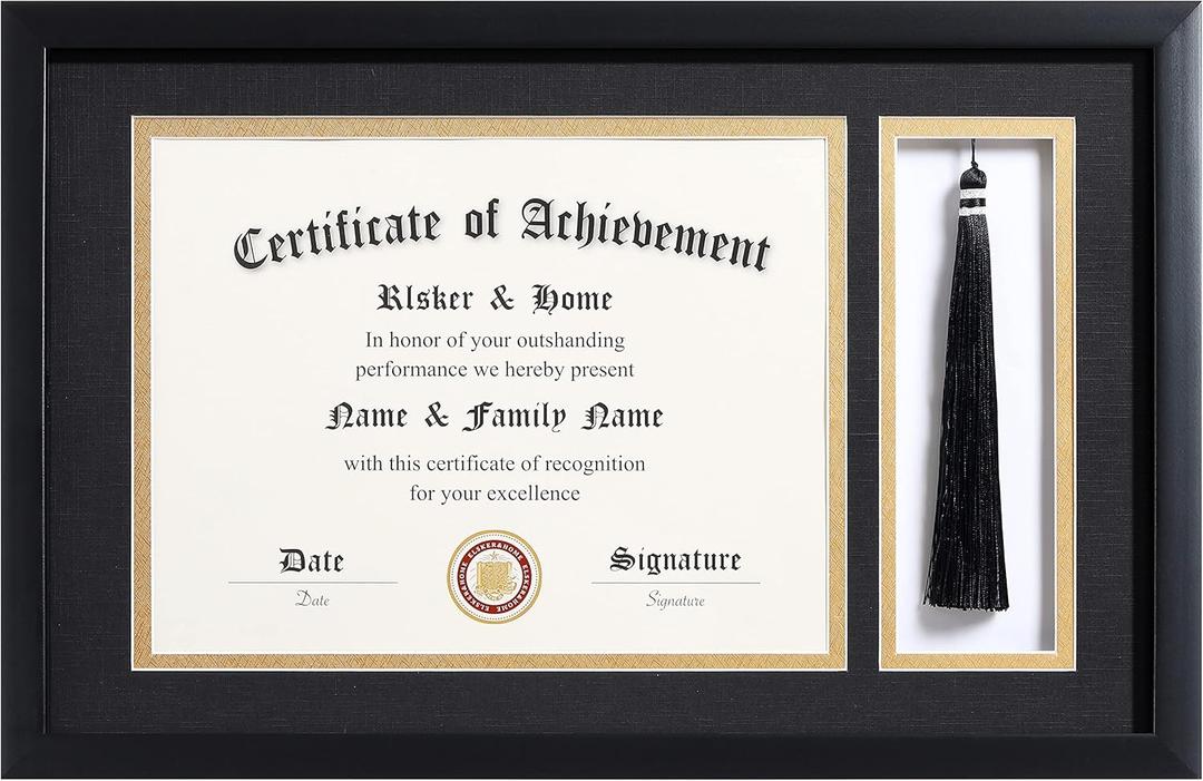 ELSKER&HOME 11x17 Diploma Frames with Tassel Holder for 8.5x11 Certificate Document Shadow Box, Matte Black Frame, Degree Double Mat, Black with Gold Rim