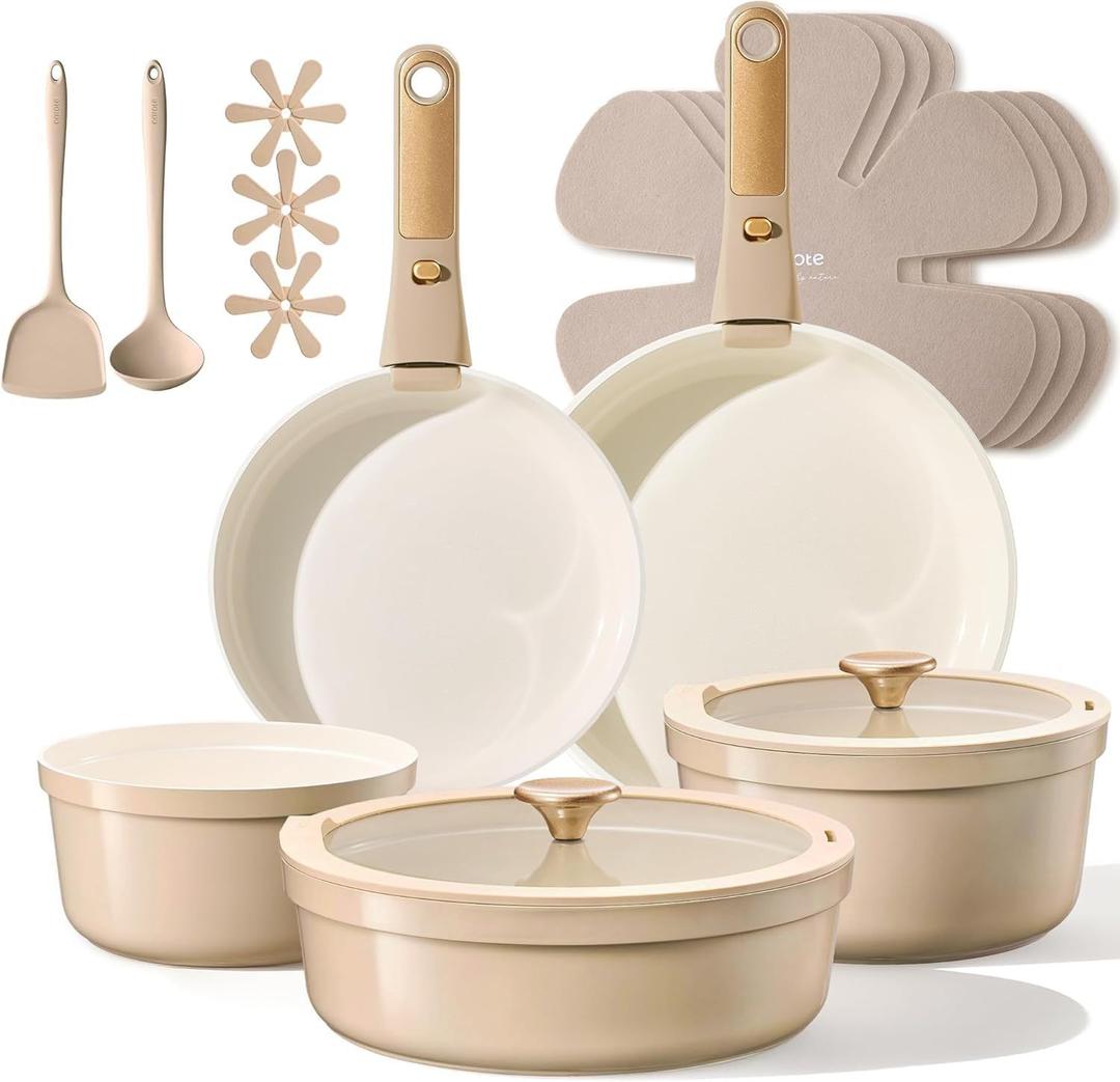 CAROTE 18 Pcs Ceramic Cookware Set Titanium Nonstick with Detachable Handles, Non Toxic Cookware, Pots and Pans Set Non Stick Removable Handles, Kitchen Cooking, Dishwasher Safe