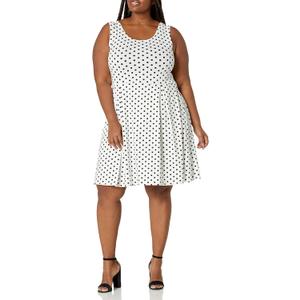 Star Vixen Women's Classic Str Ponte Knit Sleeveless Box-Pleat Fitnflare Dress (White Black Dot)