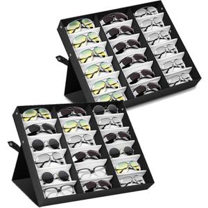 18 Slot Sunglasses Organizer Storage Multiple Eyeglasses Holder Display Case/Tray, Polyester Silk Lined & Snap Closure