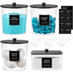 Laundry Pods Container & Dryer Sheet Holder, Laundry Room Organization and Storage Jars with Lids, Labels & Scoops for Powder Detergent Scent Booster, Black Lid