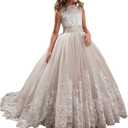 Princess Champagne Long Girls Pageant Dresses Kids Prom Puffy Tulle Ball Gown US 4