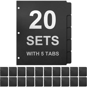 3 Ring Binder Dividers with 5-Tabs for Letter Size, 1/5 Cut, 3-Hole Punched, Write & Erase Plastic Binder Dividers Extra Durable Section Index Dividers for Binders, Pack of 20 Sets, 100 Dividers Total